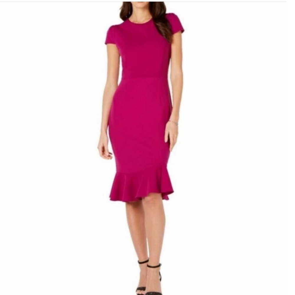 Betsey Johnson Scuba‎ Crepe Hot Pink Ruffle Hem Sheath Midi Dress Size 6